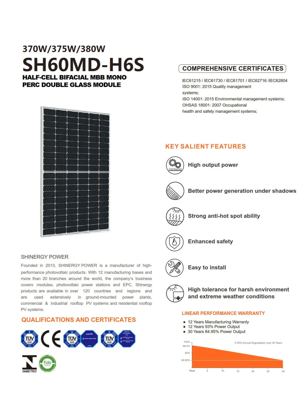 Solar Energy 380W Mono Crystaline Solar Module Solar Panel Photovoltaic Solar System Solar Product Sh60MD-H6s Shinergy Power